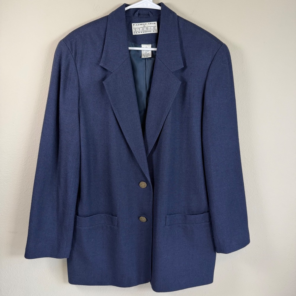 Vintage Womens Blazer Large Blue Silk Wool Jacket Tailored Career‎ Classic